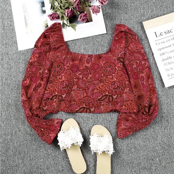 Square Neck Floral Bandana Crop Blouse Bohemian Top - Picture 10 of 15